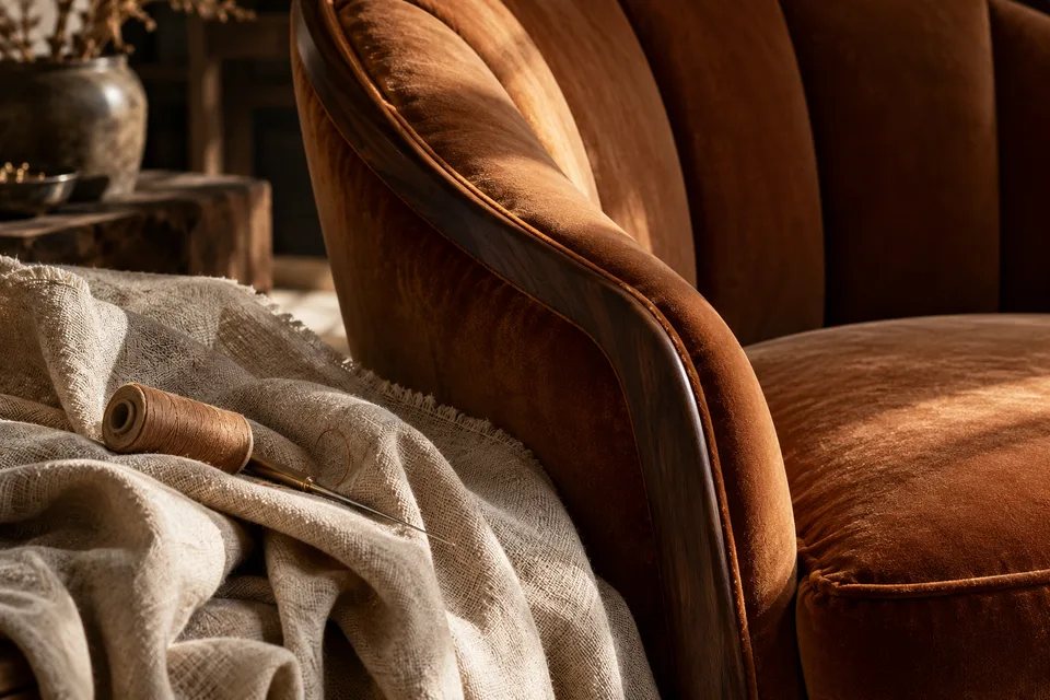 Imagen conceptual: terciopelo cognac, madera y lino, creada para esta dirección visual